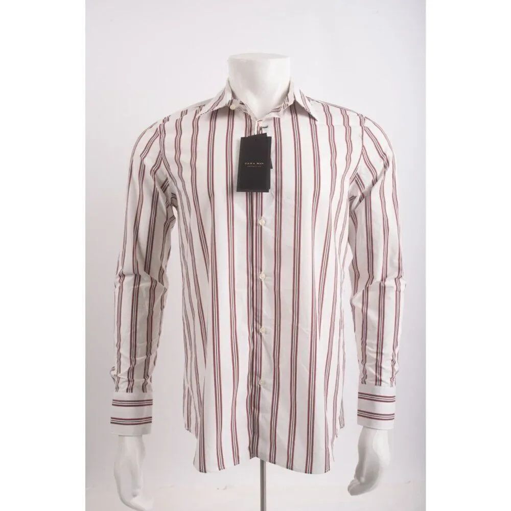 Zara Man Mens Dress Shirt Size L Burgundy Red white Striped Cotton 4120/410 NWT